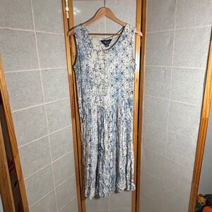 Early Winters Dress Blue White Abstract Print Sleeveless Midi Pockets Size Small